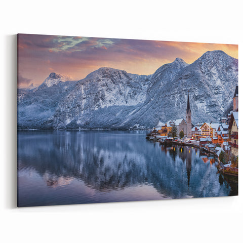 Winter Village by the Lake - Tranquil Mountain Landscape Wall Art