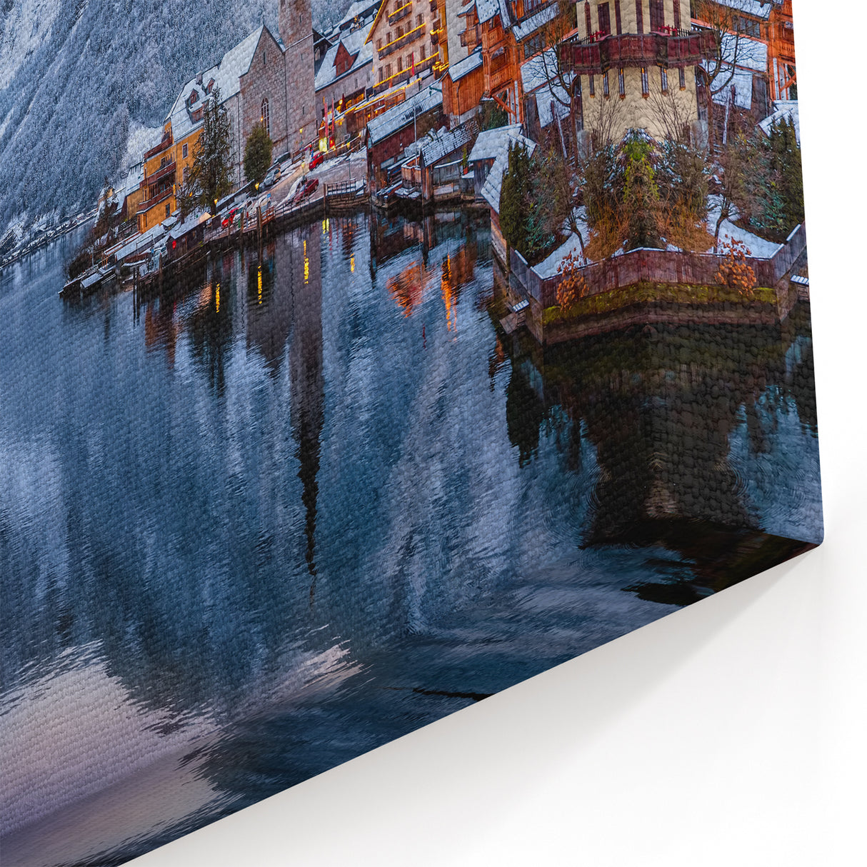 Winter Village by the Lake - Tranquil Mountain Landscape Wall Art