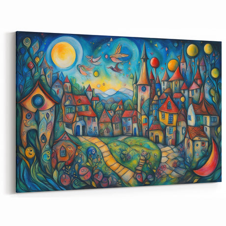 Whimsical Village Fantasy - Colorful Dreamlike Landscape Canvas Art