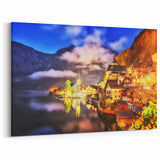 Enchanting Alpine Village - Nighttime Glow & Mountain Reflection Art