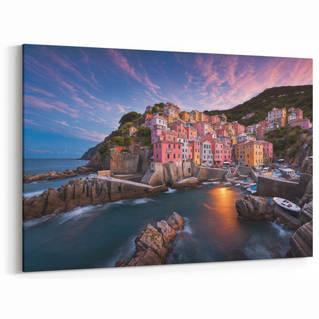 Colorful Coastal Village - Sunset Glow over Mediterranean Canvas Art