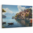 Serene Lakeside Village - Peaceful Mediterranean Boats & Villas Art