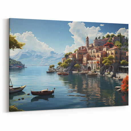 Serene Lakeside Village - Peaceful Mediterranean Boats & Villas Art