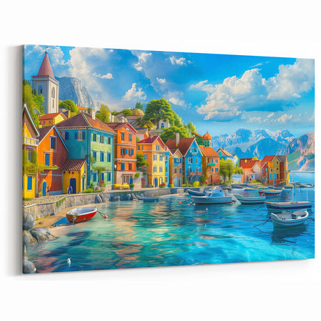 Colorful Coastal Village - Mediterranean Waterfront & Boats Canvas Art