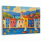 Quaint Village Scenes - Colorful Seaside Village with Sailboats