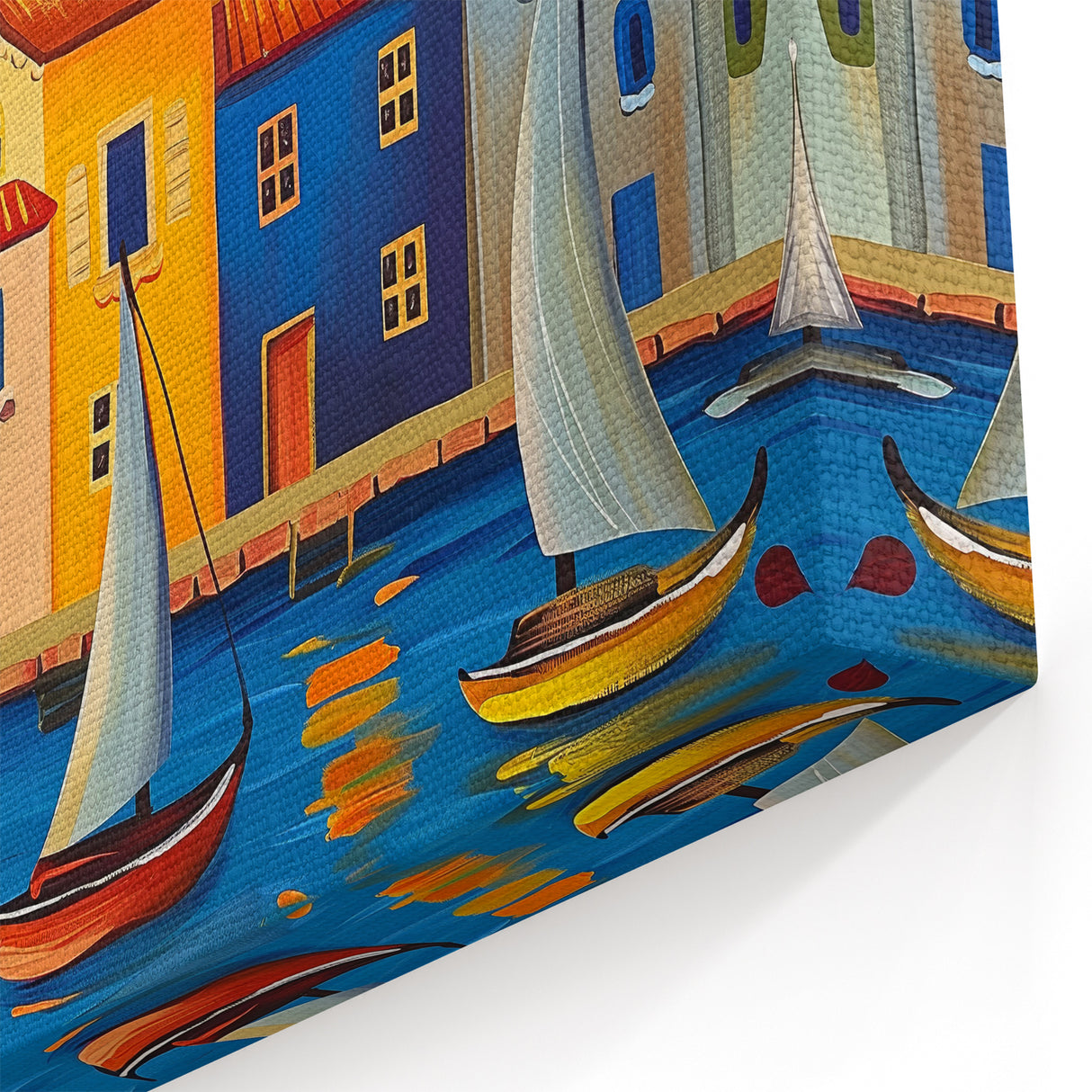 Quaint Village Scenes - Colorful Seaside Village with Sailboats