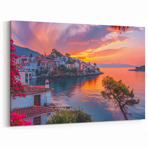 Rustic Village Wall Art - Vibrant Coastal Village at Sunset
