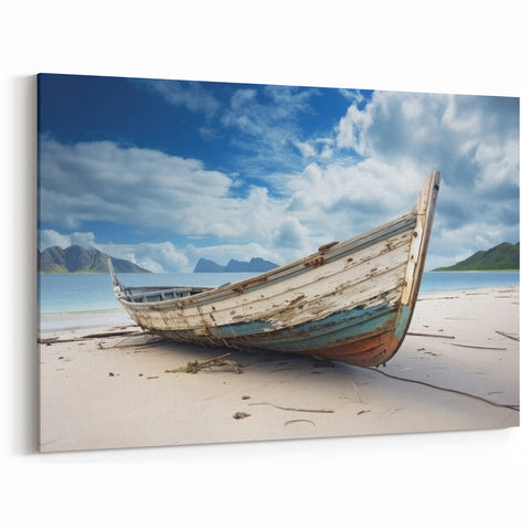 Weathered Rowboat on Sandy Shore - Coastal Nautical Wall Art Print