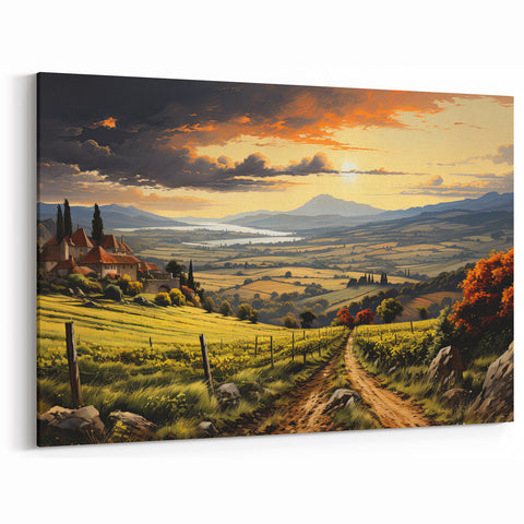 Framed Vineyard Art - Dramatic Sunset Vineyard Scene for Home Decor