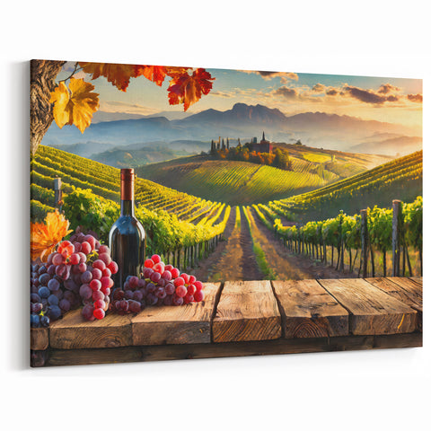 Vineyard Art with Wine - Rustic Vineyard Canvas Print for Kitchen Decor