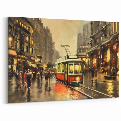 Vintage City Tram Art - Classic Urban Street Scene Canvas - Nostalgic Decor