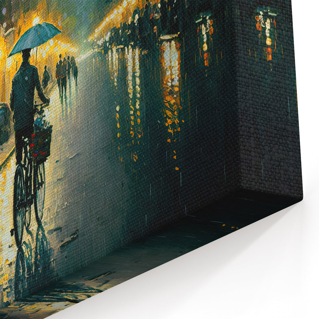 Rainy Night Bicycle Ride Art - Cozy Urban Street Canvas - Evening Decor