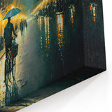 Rainy Night Bicycle Ride Art - Cozy Urban Street Canvas - Evening Decor
