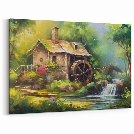 Charming Watermill Canvas Print - Lush Watermill Scenic Wall Art