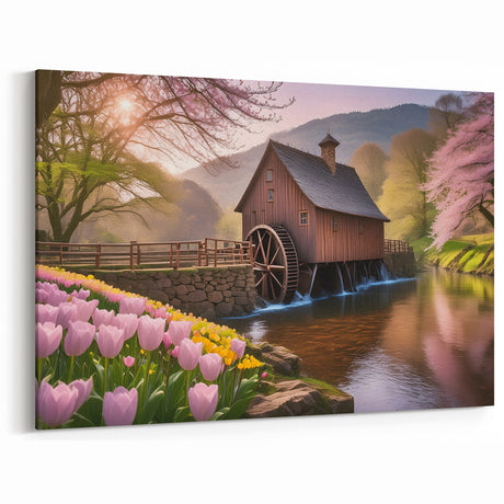 Spring Watermill Canvas Print - Blossoming Watermill Landscape Art