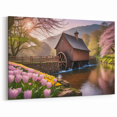 Spring Watermill Canvas Print - Blossoming Watermill Landscape Art