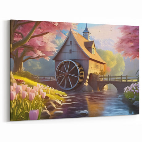 Blossoming Watermill Canvas Print - Vibrant Spring Landscape Art