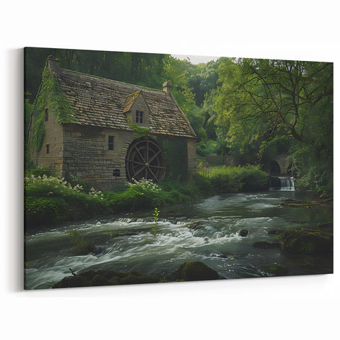 Historic Watermill Canvas Print - Tranquil Green Landscape Wall Art
