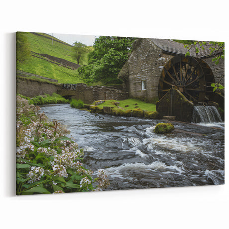 Charming Watermill Canvas Print - Lush Green Landscape Wall Art