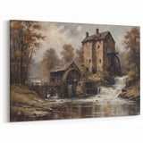 Vintage Watermill Canvas Print - Rustic Autumn Landscape Wall Art