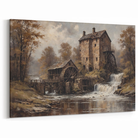 Vintage Watermill Canvas Print - Rustic Autumn Landscape Wall Art