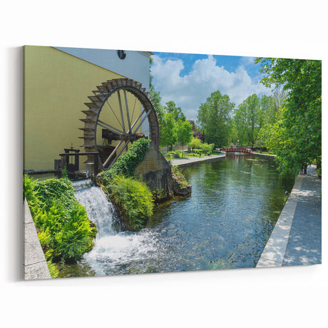 Bright Watermill Canvas Print - Serene River Landscape Wall Art