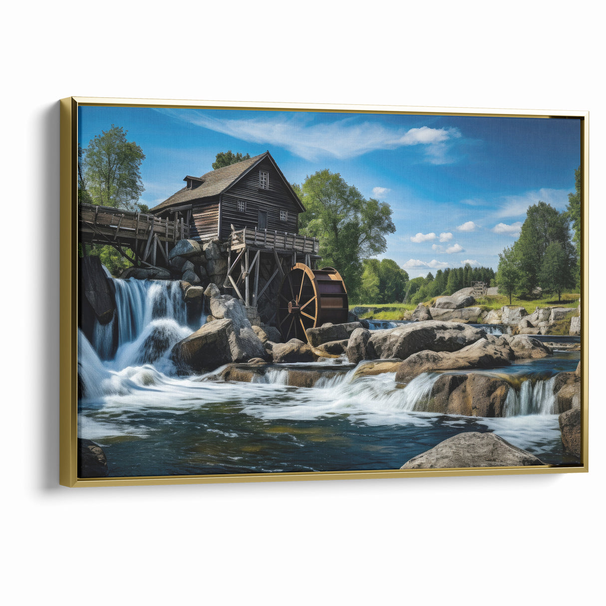 Rustic Watermill Canvas Print - Majestic River Landscape Wall Art