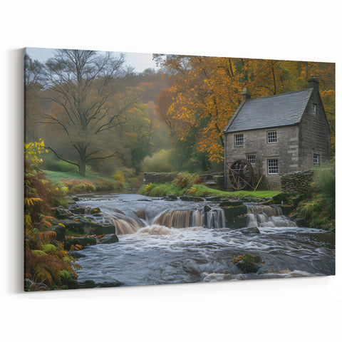 Tranquil Watermill Scenic Art - Serene Autumn Landscape Wall Art Print