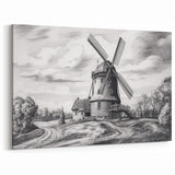 Vintage Windmill Sketch Art - Black and White Windmill Canvas Print
