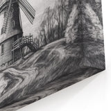 Vintage Windmill Sketch Art - Black and White Windmill Canvas Print
