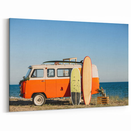 Retro Camper Van Beach Scene - Vibrant Surfing Adventure Wall Art Print