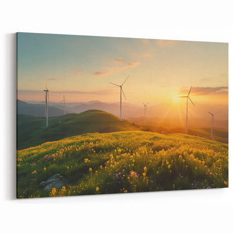 Sunset Windmill Wall Art - Golden Landscape Canvas Print Decor