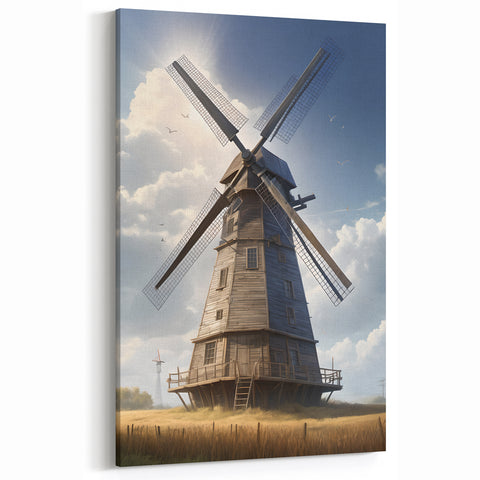 Serene Windmill Wall Art - Rustic Wooden Windmill Canvas Print for Home