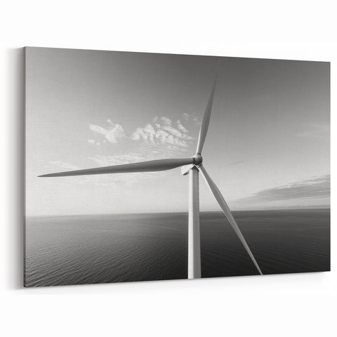 Modern Wind Turbine Wall Art - Black and White Ocean View Canvas Print