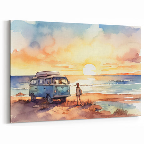 Watercolor Beach Sunset with Camper - Serene Coastal Wall Art Print