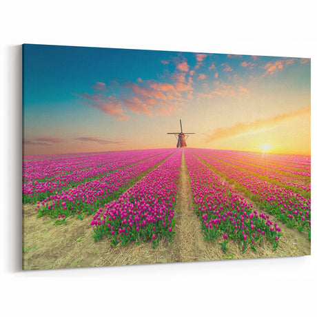 Vibrant Windmill & Tulip Field Art - Sunset Glow Canvas Print