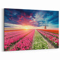 Colorful Windmill & Tulip Field Art - Scenic Sunset Canvas Print