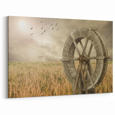 Rustic Windmill in Wheat Field - Tranquil Canvas Print