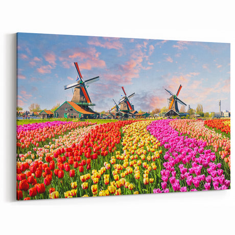 Lively Windmills & Tulips Art - Colorful Dutch Landscape Print