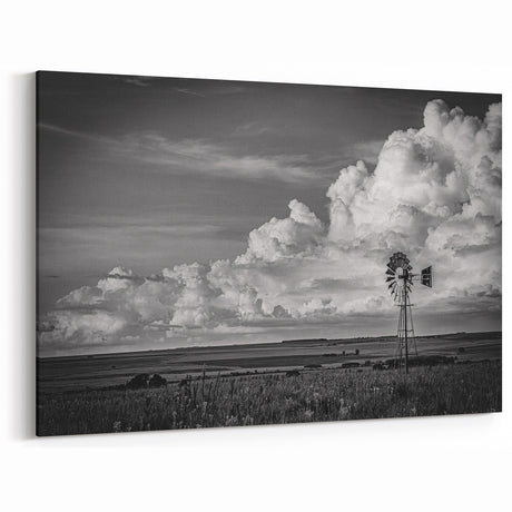 Dramatic Windmill & Cloudscape - Black & White Canvas Art Print
