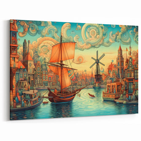 Whimsical Harbor Town & Windmill - Colorful Fantasy Canvas Art