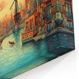 Whimsical Harbor Town & Windmill - Colorful Fantasy Canvas Art