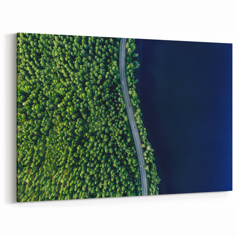 Scenic Forest Road Aerial Art - Serene Nature Drive Canvas - Green Decor