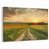 Golden Sunset Field Art - Tranquil Country Road Canvas - Scenic Decor