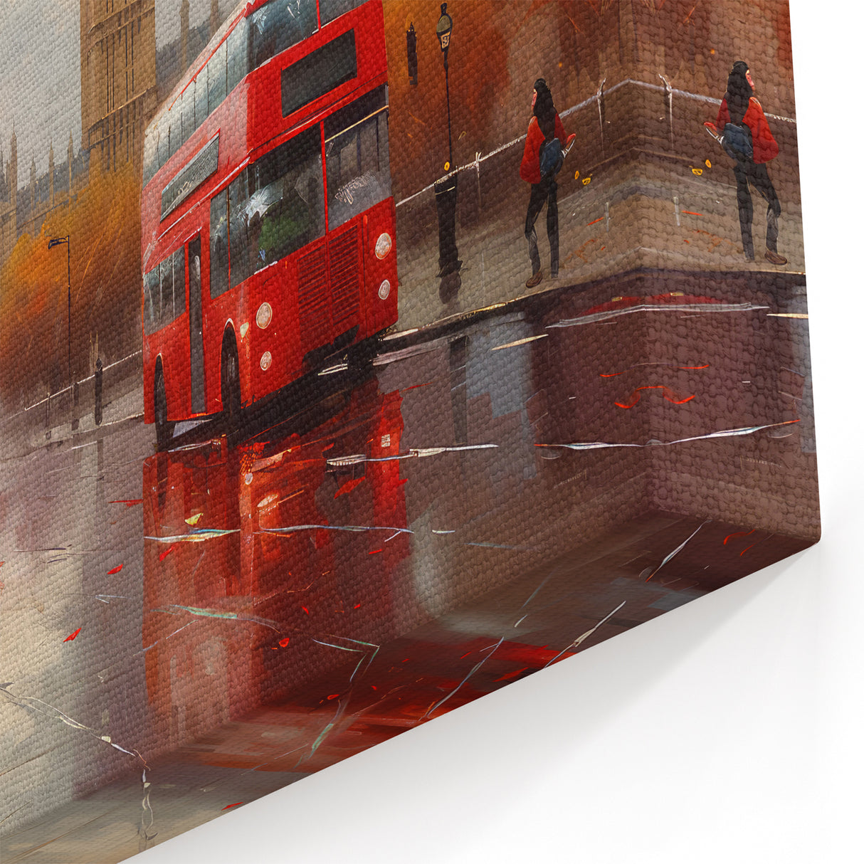 Autumn London Street Art - Red Buses & Big Ben Canvas Painting