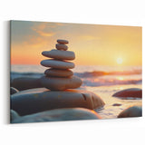 Zen Rock Stack Wall Art - Serene Coastal Landscape with Sunset Glow