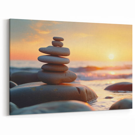 Zen Rock Stack Wall Art - Serene Coastal Landscape with Sunset Glow