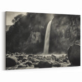 Misty Waterfall with Rocks – Dramatic Black and White Rock Wall Art
