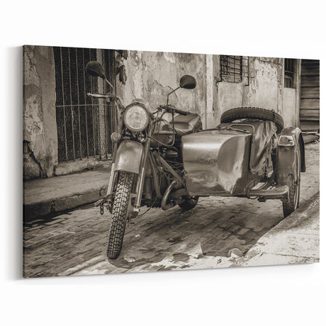 Vintage Motorcycle with Sidecar Art - Rustic Black and White Canvas Print