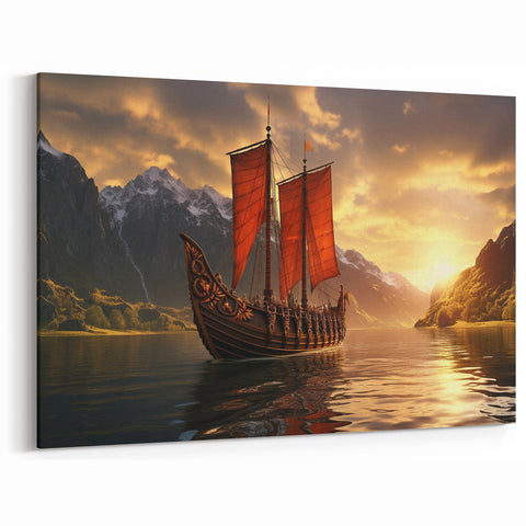 Viking Longship at Sunset Wall Art | Epic Nautical Canvas for History Lovers